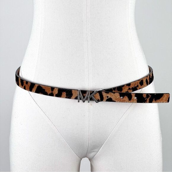 Michael Kors Dyed Leopard Print Real Fur Calf Hair Skinny Belt - Picture 2 of 13